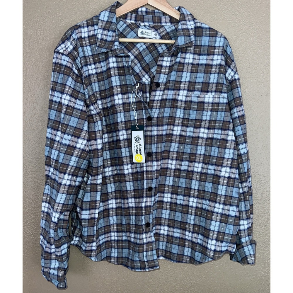 Alpine‎ Design Flannel Shirt Women XL Brown Fall River Plaid Midweight Plaid